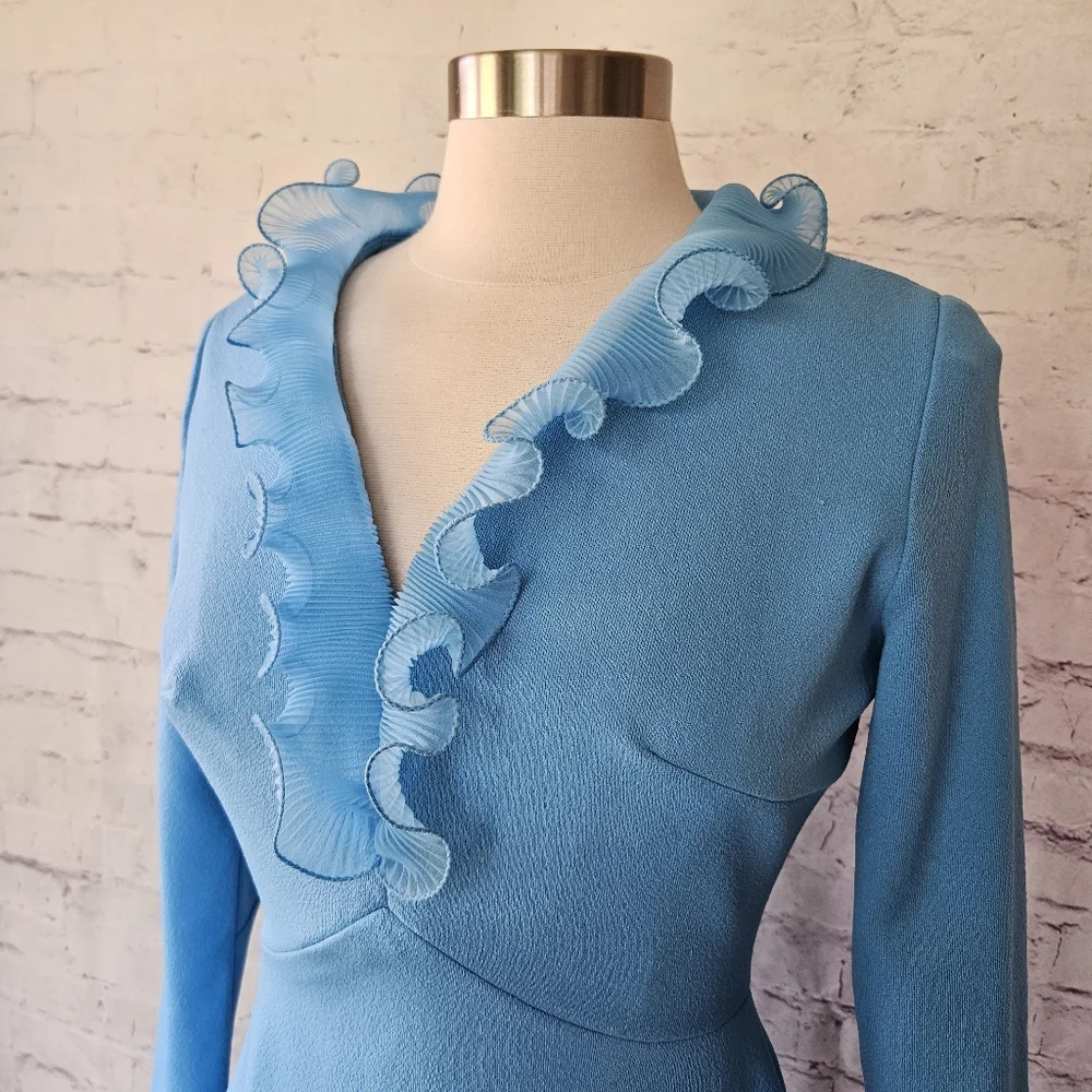 Vintage 70s Sky Blue Micropleat Ruffle Long Sleeve Maxi Dress ILGWU Madein USA - Picture 12 of 12